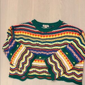 Green and Yellow Crew Neck Sweater with Striped Pattern
